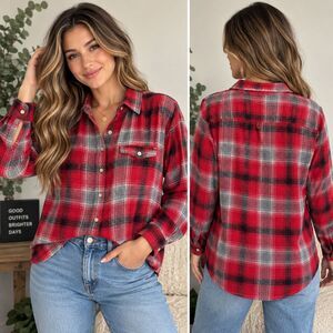 Debut Plaid Flannel Shirt Large Red Black Cotton Rayon Grunge Button Up Fall